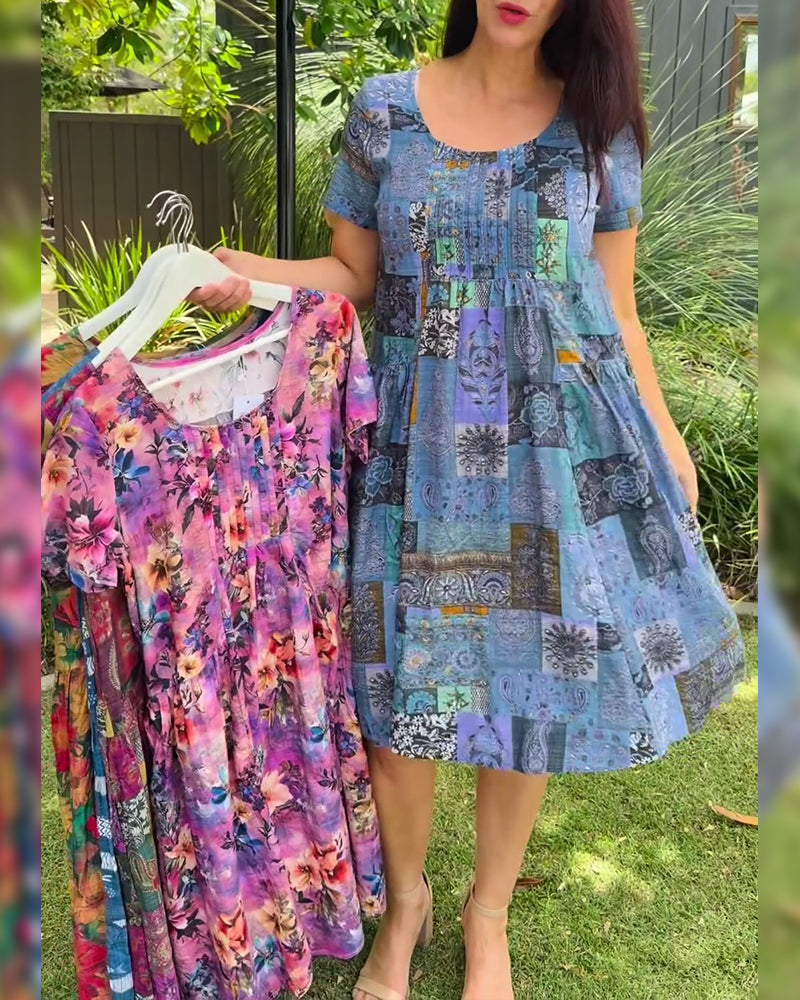 Kjole Rund Hals Plissert Trykt A-Linje