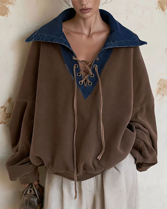 Sweatshirt Jakkeslag Denim Patchwork Løs