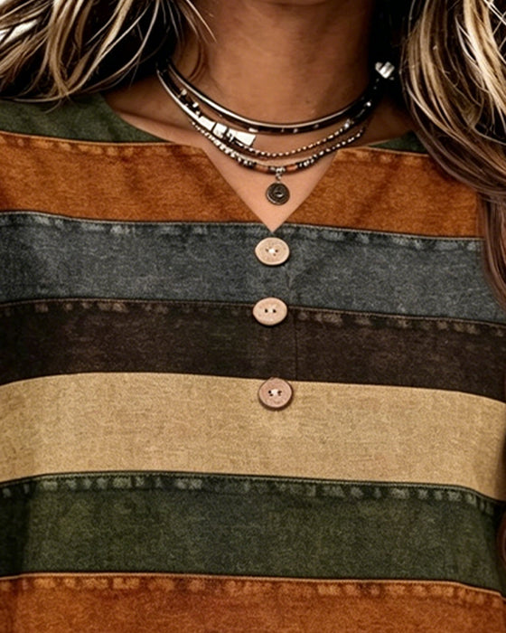 T-Skjorte Knapp Patchwork Horisontal Stripe