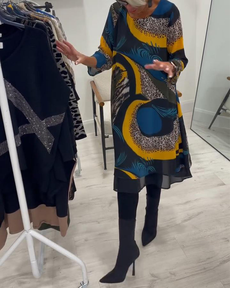 Elegant Trykt Kjole Med Rund Hals