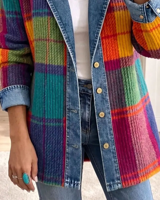 Kåpe Jakkeslagkrage Knapp Ribbet Fargeblokk Denim Lappverk