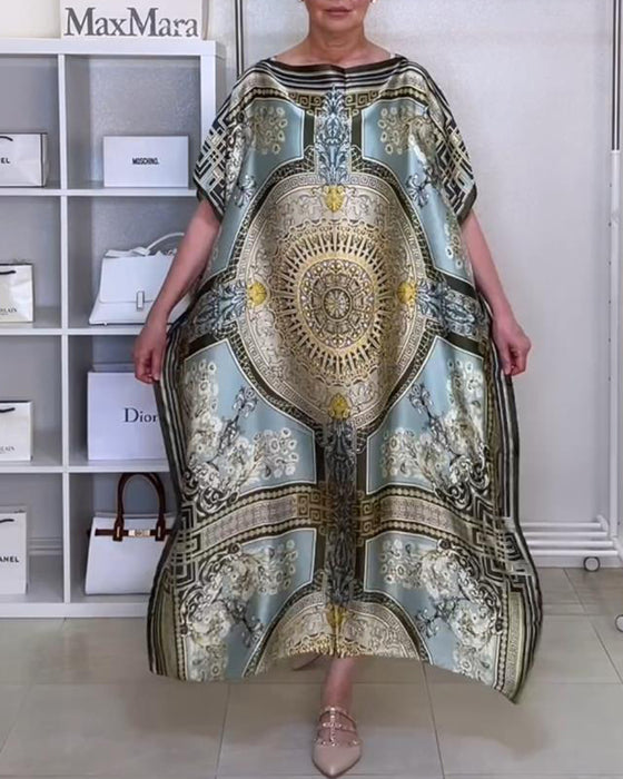 Boho-trykt løs kjole med slits