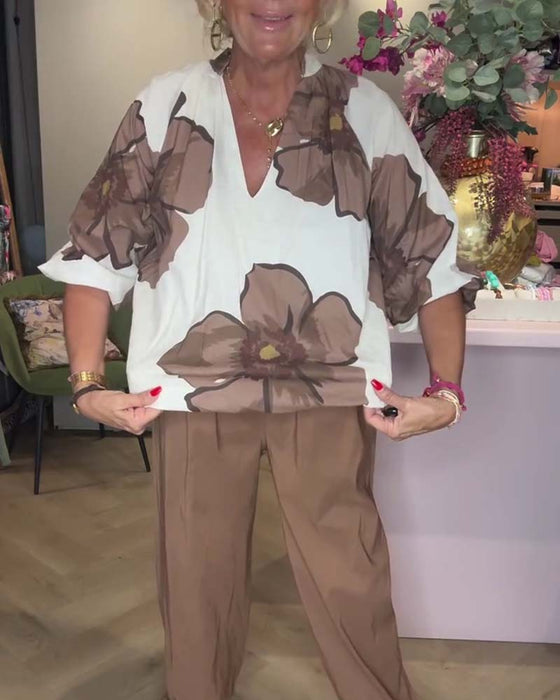 Bluse V-Hals Blomstret Halvlang Erme Avslappet