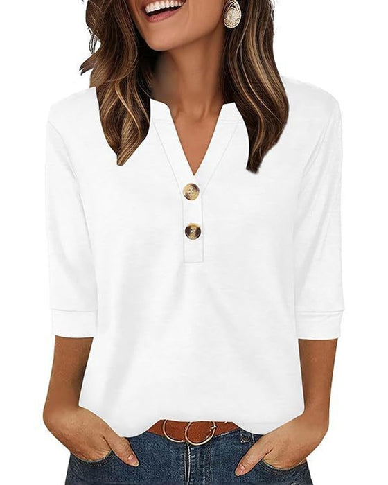 Bluse V-Hals Knappet Trekvart Erme