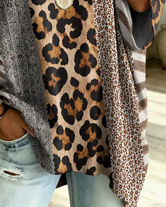 Topp Leopardmønster Patchwork V-Hals Avslappet