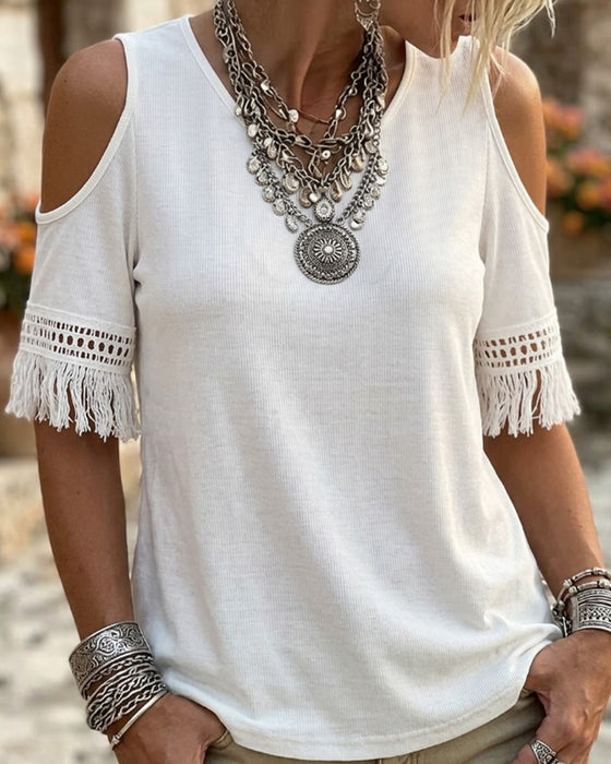 T-Shirt Off-Shoulder Frynser Kort Erme