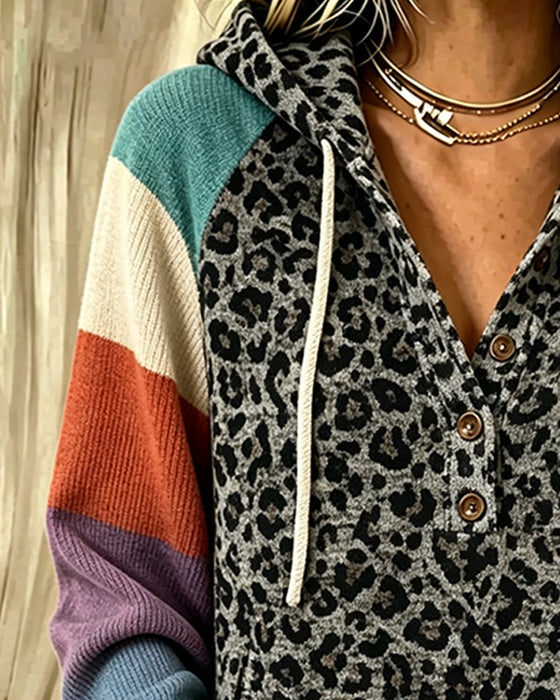 Hoodie Leopard Fargeblokk Knapp