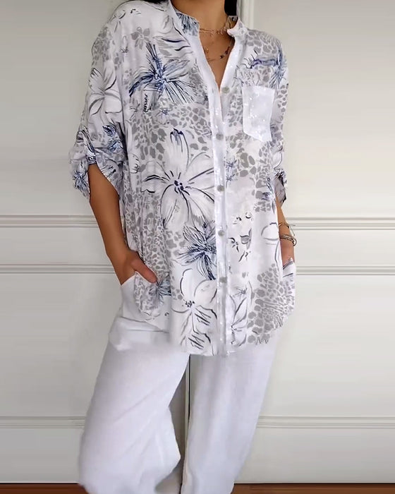 Skjorte Ståkrage Trykt Lomme