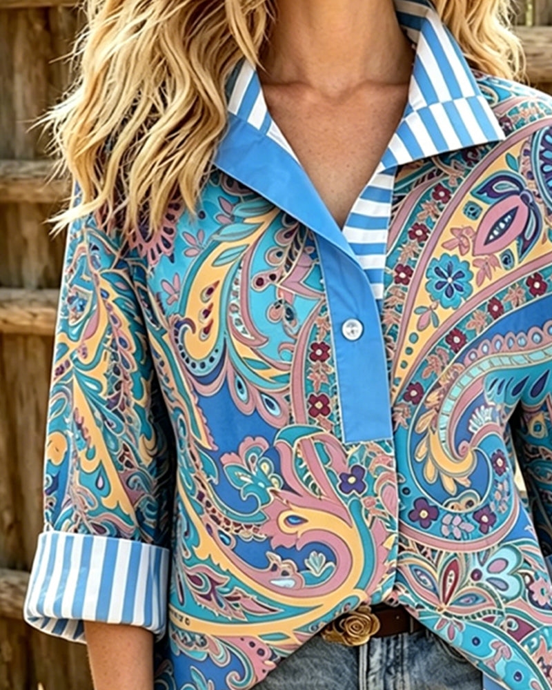 Bluse Patchwork Blomstrende Trykk Casual