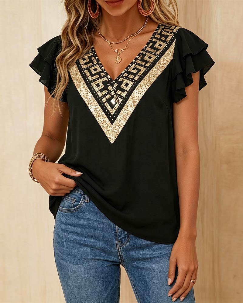 Bluse Lotusbladstrykk V-Hals Kontrast