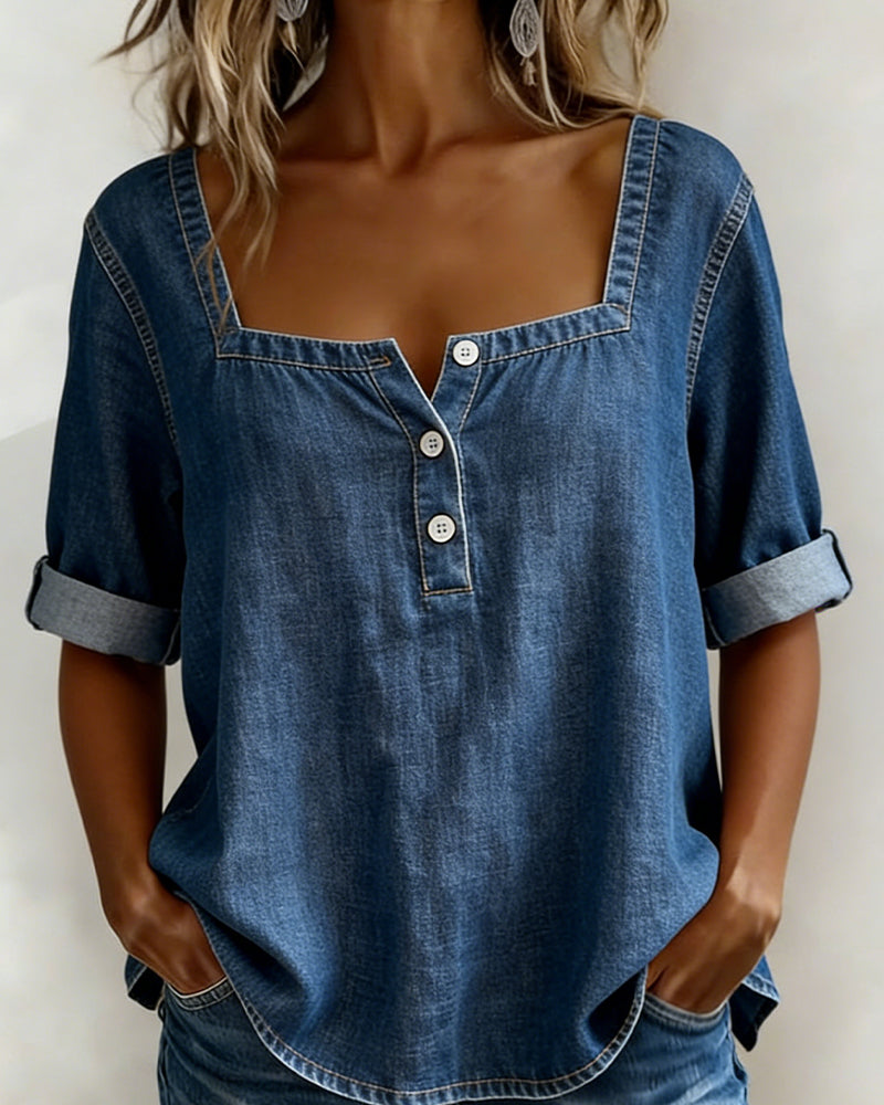 Skjorte Firkantet Hals Denim Halv Erme
