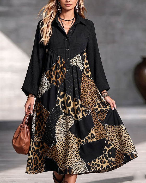 Kjole Leopard Fargeblokk Slag Lang Erme