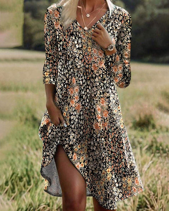 Kjole Langermet Blomstret Elegant