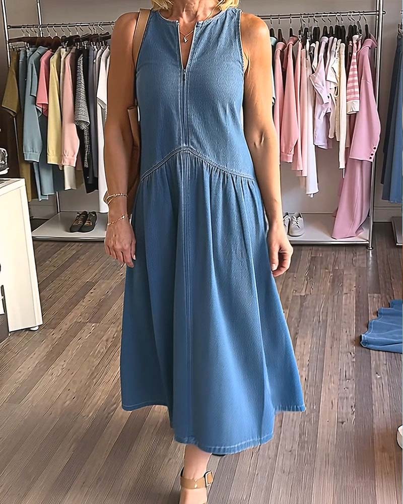 Kjole V-Hals Denim Ermeløs