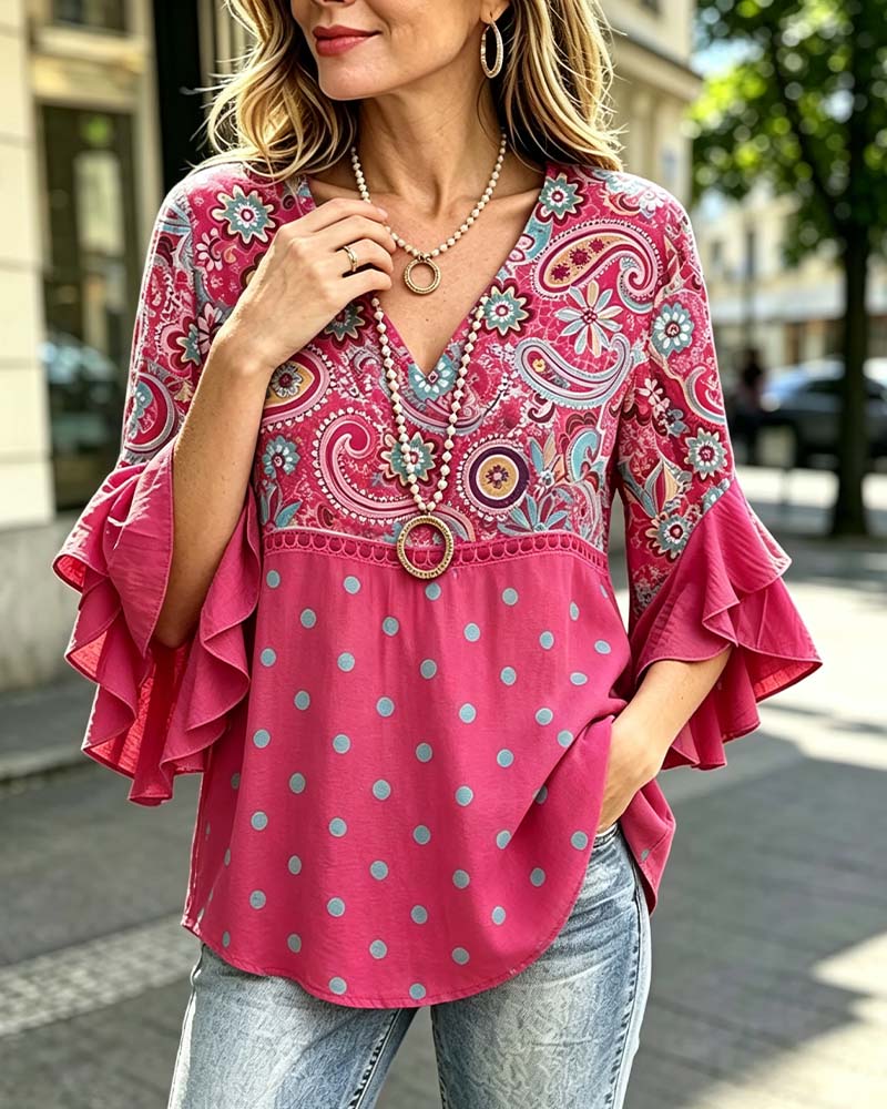 Bluse V-Hals Blomstrende Prikket Ruffle