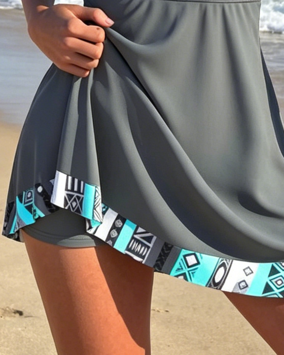 Swimdress Ermeløs V-Hals Geometrisk Trykk