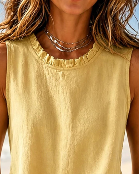 Tank Topp Ensfarget Uten Ermer Rund Hals Lace