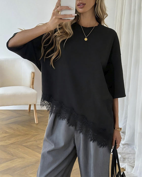 Bluse Asymmetrisk Blonde Sammensatt Kant Kortsermet