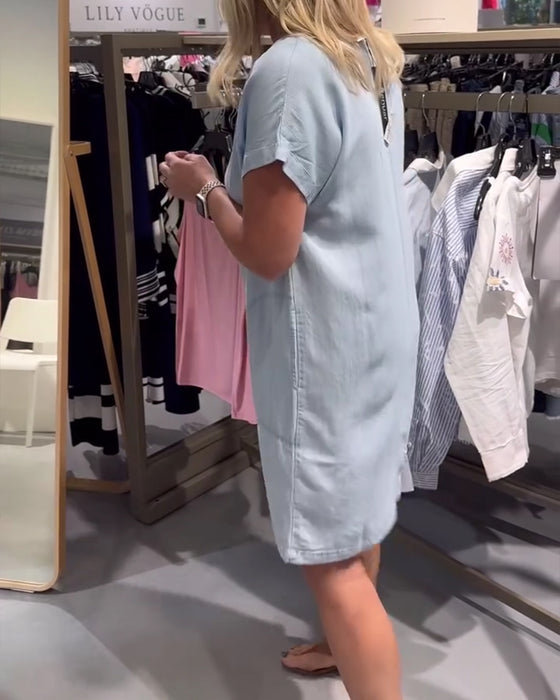 Kjole V-Hals Kort Erme Denim Uformell