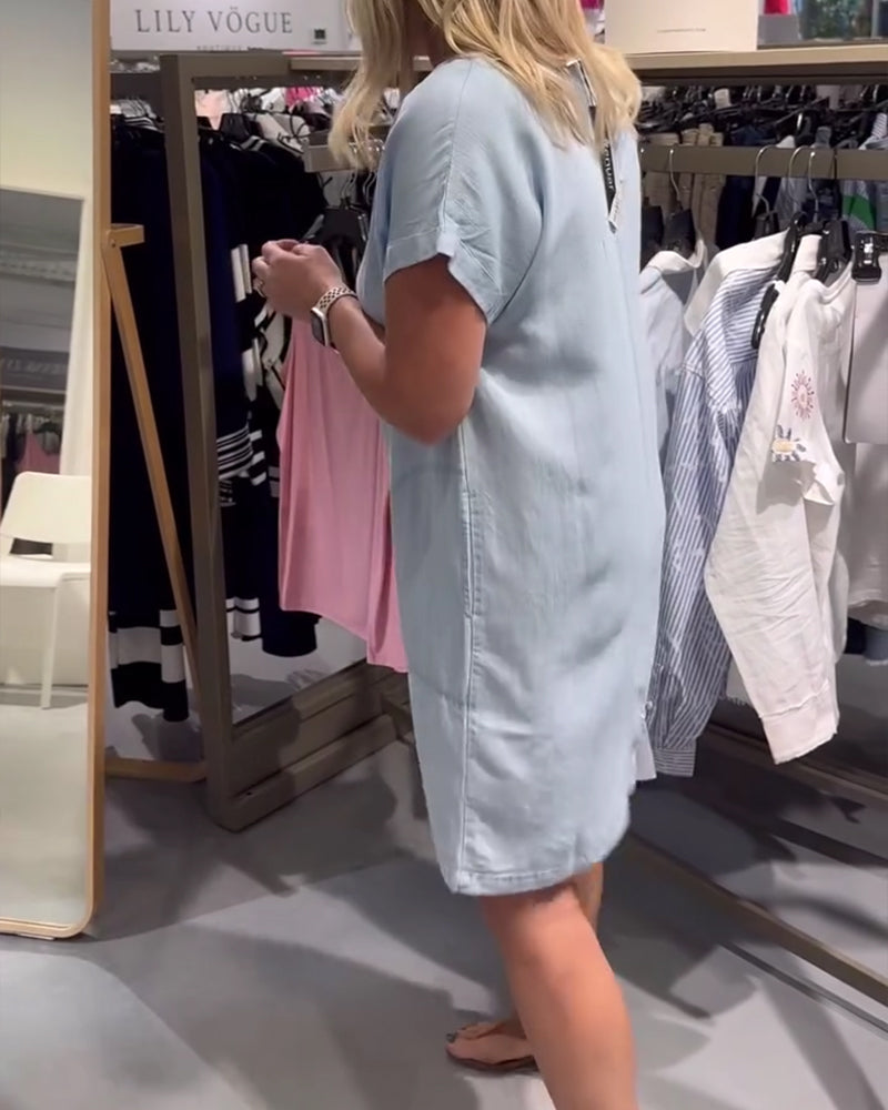 Kjole V-Hals Kort Erme Denim Uformell