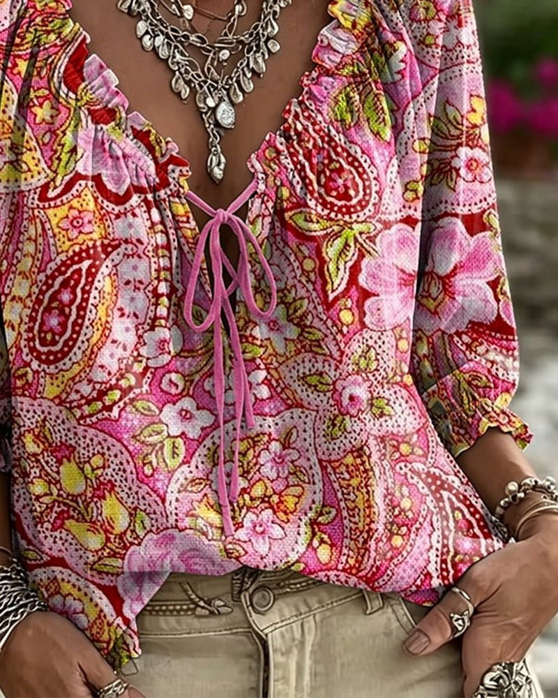 Bluse V-Hals Slips Trykk Boble Erme