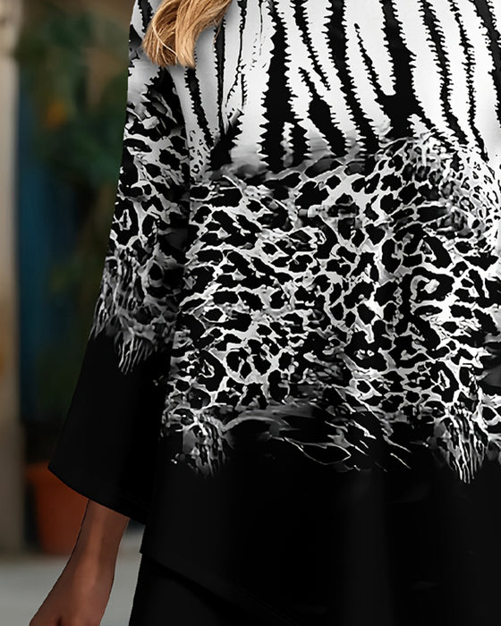 Bluse Rund Hals Leopardmønster Uregelmessig