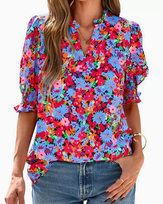 Bluse Blomstret Puff Kort Erme