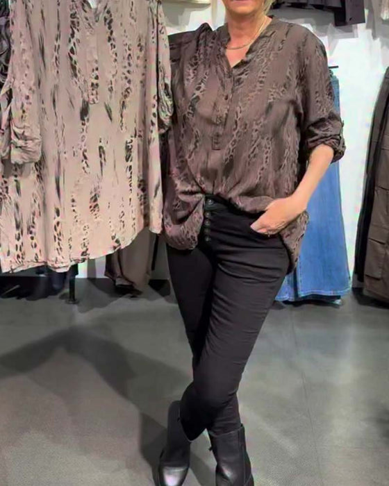 Bluse V-Hals Knapp Foran Leopard Trykk Avslappet