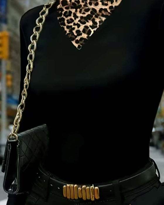 Topp Mock Neck Leopard Patchwork Tettsittende