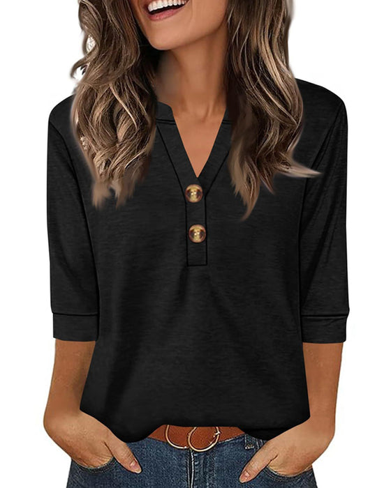 Bluse V-Hals Knappet Trekvart Erme