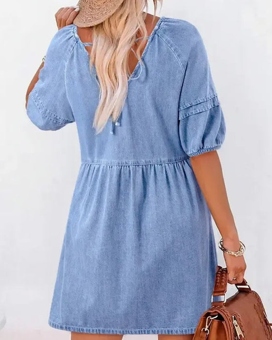 Kjoler Denim V-Hals Puff Erme