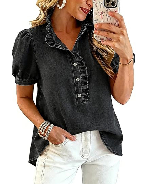 Bluse Knapp Opp Ruffle Denim