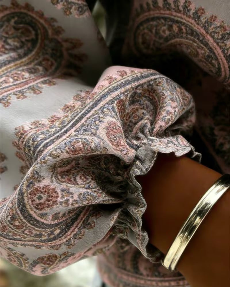 Bluse Paisley Mønster V-Hals Lykt Erme