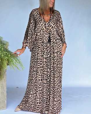 Kjole V-Utringning Leopardtrykk Loose Fit Avslappnet