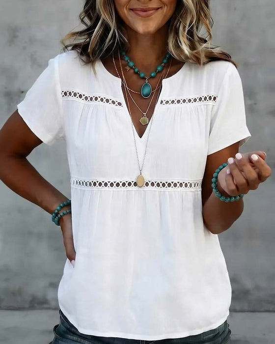 Bluse V-Hals Hollow Out Solid
