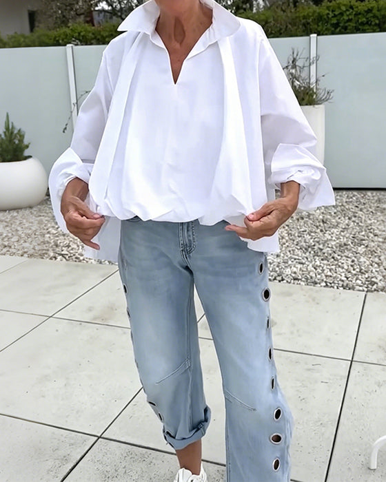Oversized Bluse Med V-Hals Og Fallende Skuldre