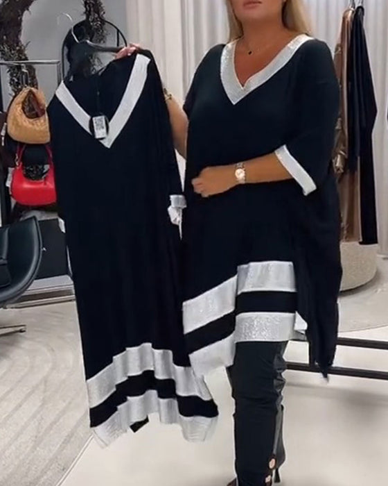 Kjole V-Hals Kortsermet Fargeblokk Loose Fit