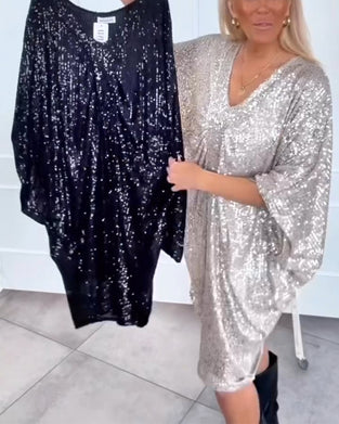 Løs V-Halset Kjole Med Flaggermusermer