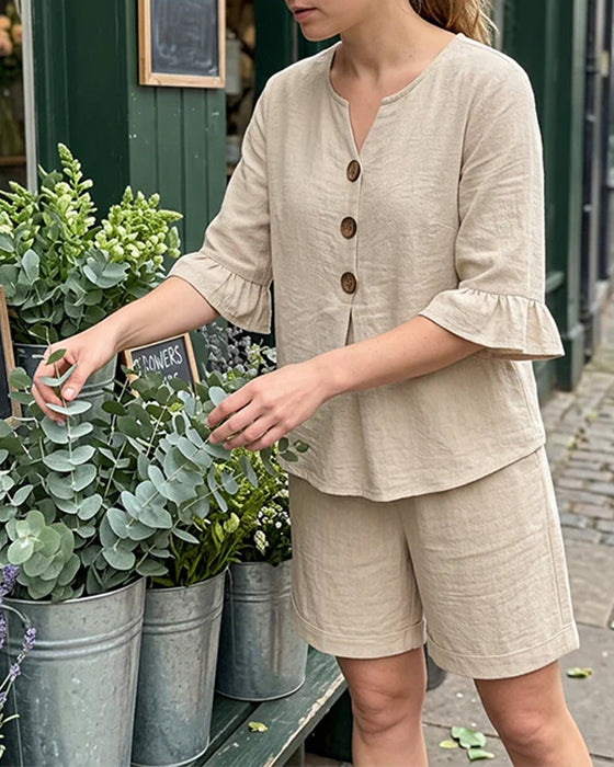 Set Ruffle Knapp Kort Erme Shorts