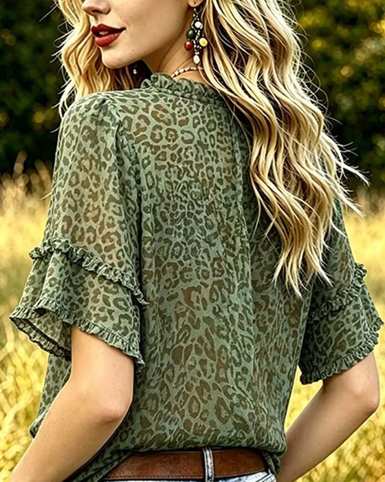 Bluse Grøntones Leopard Trykk Ruffle