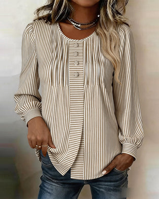 Bluse Rund Hals Knapp Foran Stripe Puffererme