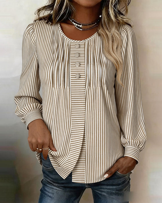 Bluse Rund Hals Knapp Foran Stripe Puffererme