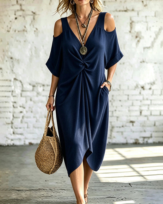 Kjole Solid Farge Kald Skulder Rynket