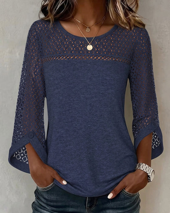 T-Shirt Hollow Out Lang Erme Patchwork