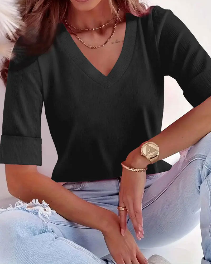 Topp V-Hals Trekvart Erme Slim Passform