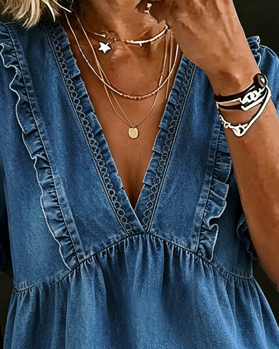 Bluse V-Hals Kort Erme Ruffle Boble