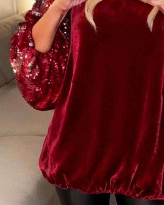 Helfarget Langermet Topp Med Paljetter Og Lappetæktsdetaljer