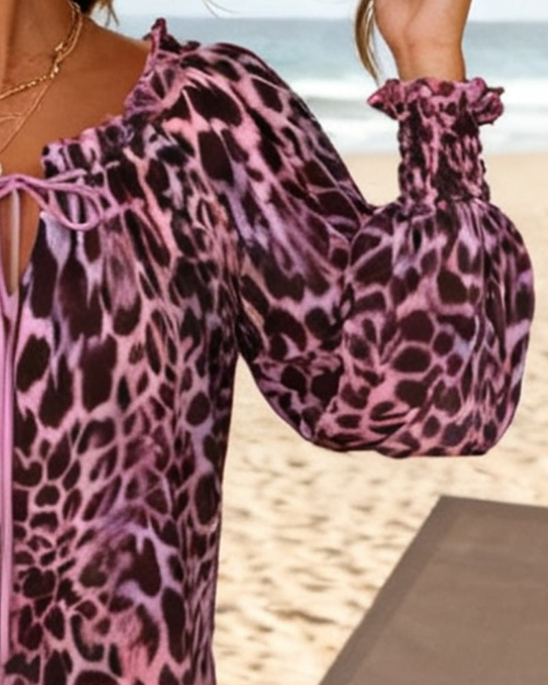 Bluse Lyktermer Med Sløyfe Leopardtrykk