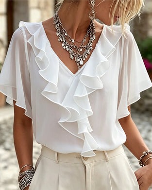Bluse V-Hals Ruffet Enfarget