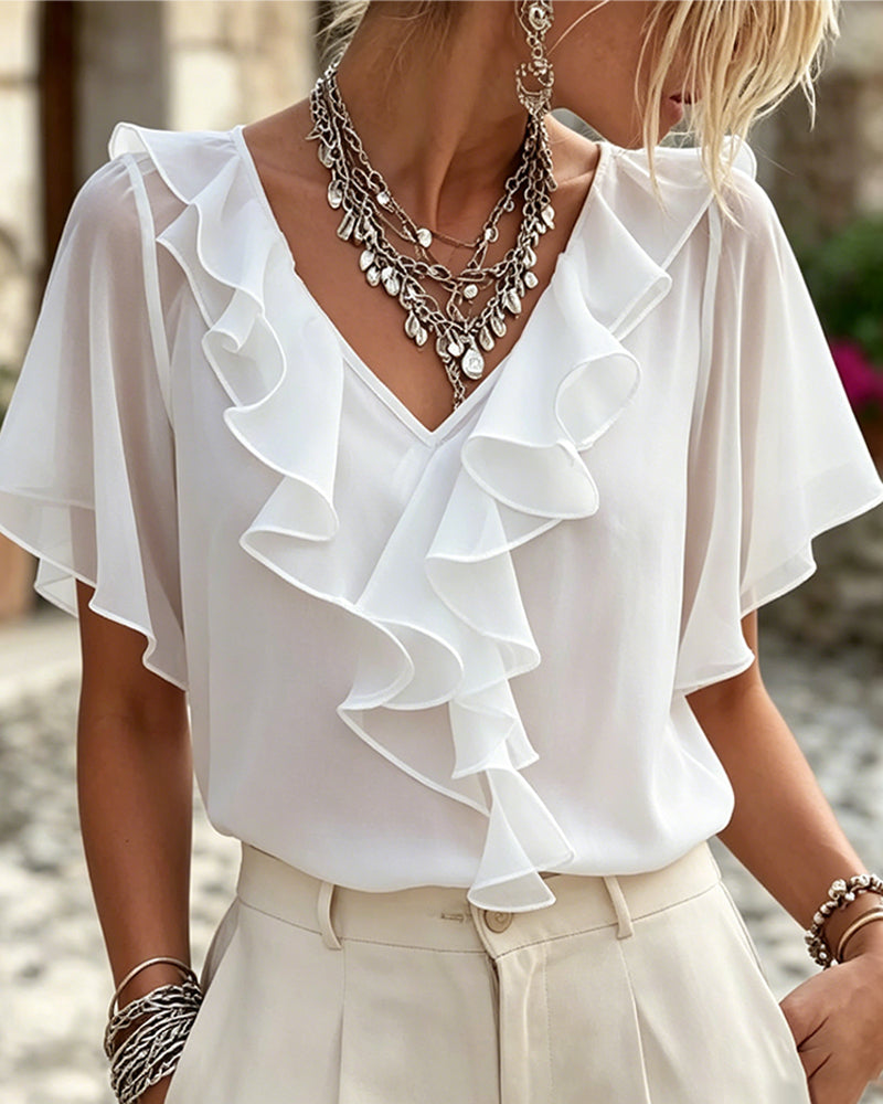 Bluse V-Hals Ruffet Enfarget
